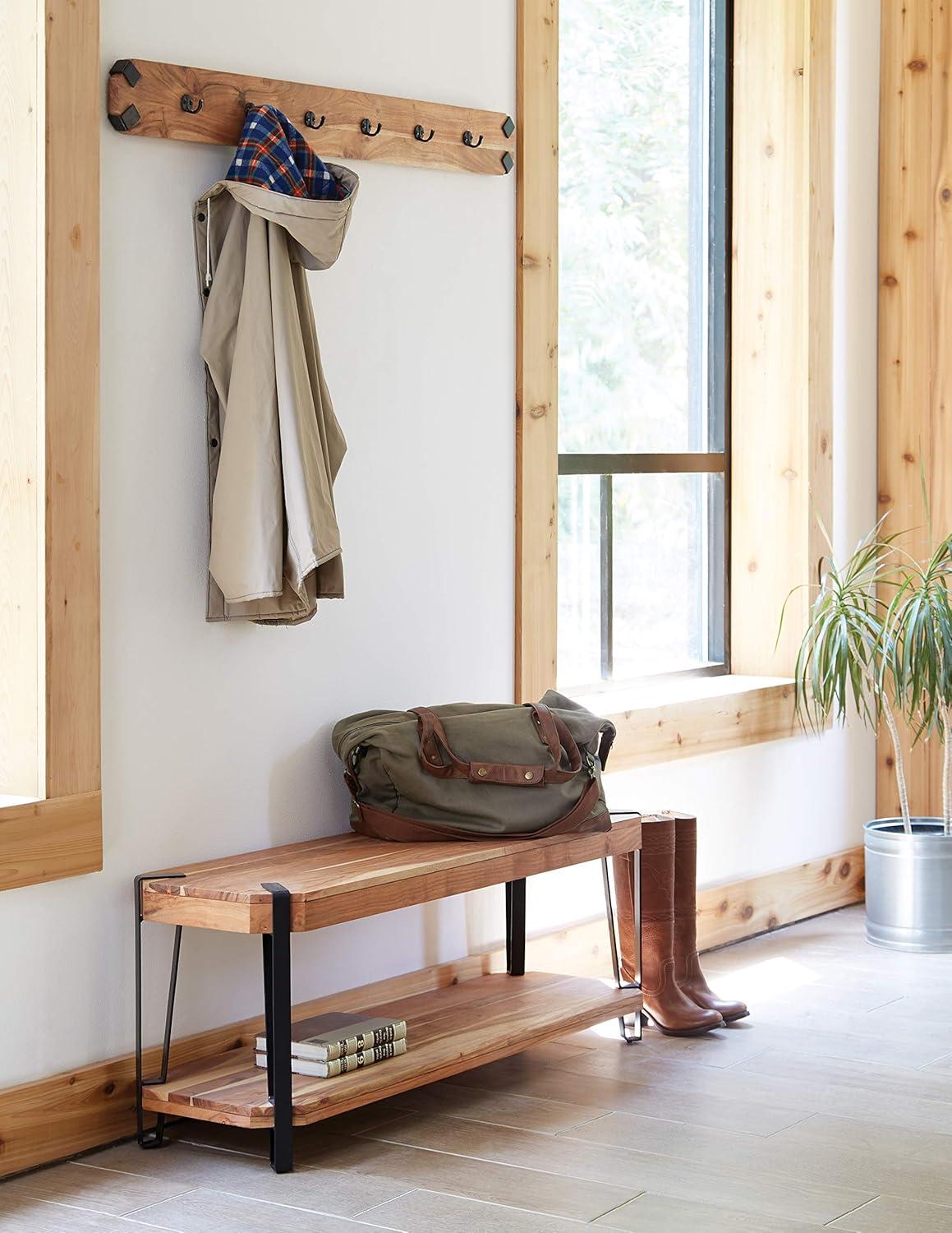 Ryegate Natural Live Edge 48" Acacia Wood Bench with Coat Hooks