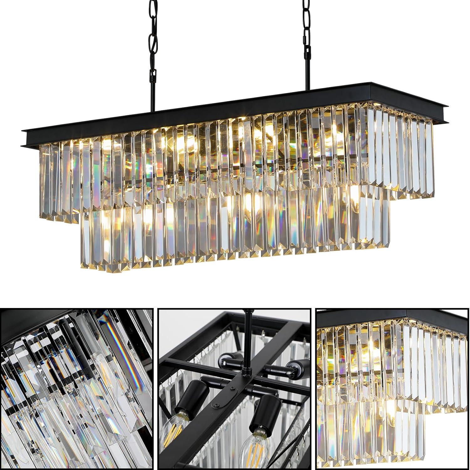 Crystal Chandeliers for Dining Room 11-Light Black Modern Chandelier Rectangle Contemporary Pendant Light Fixture for Kitchen Island Bar