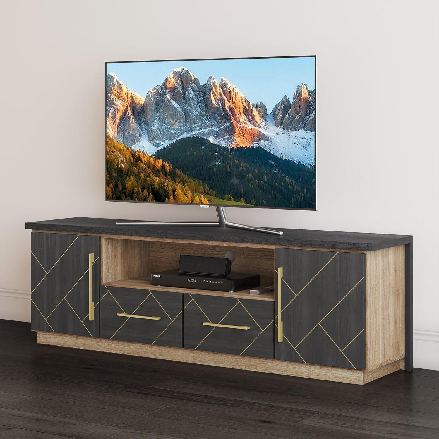 BELLEZE 70 Inch Modern TV Stand with Gold Trim, Elegant Entertainment Center with Storage, Media Console Table with Drawers & Open Shelves for Living Room, Bedroom, Home Theater (Espresso Black)
