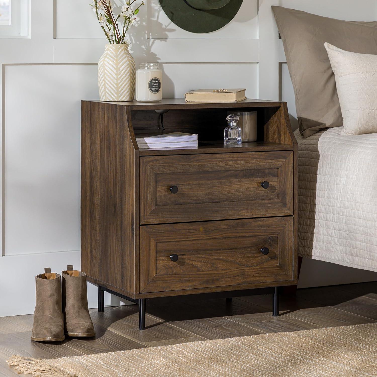 22" Curved Open Top 2-Drawer Bedroom Nightstand with USB in Dark Walnut