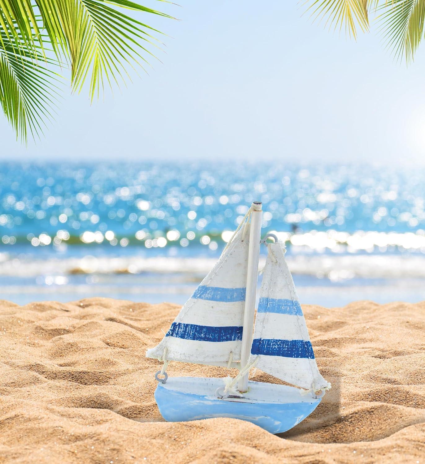 COTA Global Light Blue Stripes Sailboat Extra Small Decor – Handmade Wooden Boat Decor, Cute Beach Style Sail Boat Table Top Decor Living Room Centerpiece – 4.75 Inches