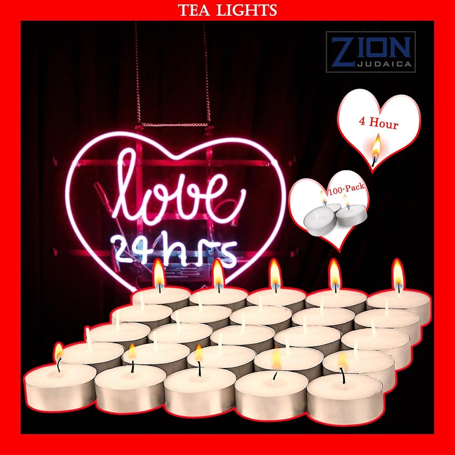 Zion Judaica Premium Unscented Tealight Candles Set Smokeless Multi-Pack Tea Candles Dripless Clean Burning Tea Lights Long Lasting Candlelight for Home Décor Religious Ceremonies (4 Hour, 100, Count)