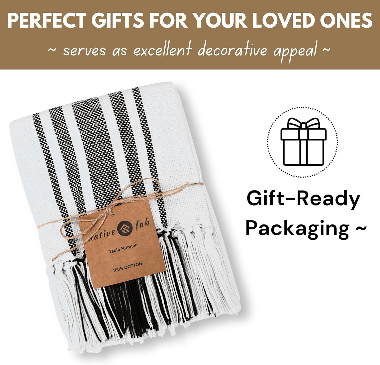 Design Imports  Black Striped Fringe Ribbed Table Runner 14X72