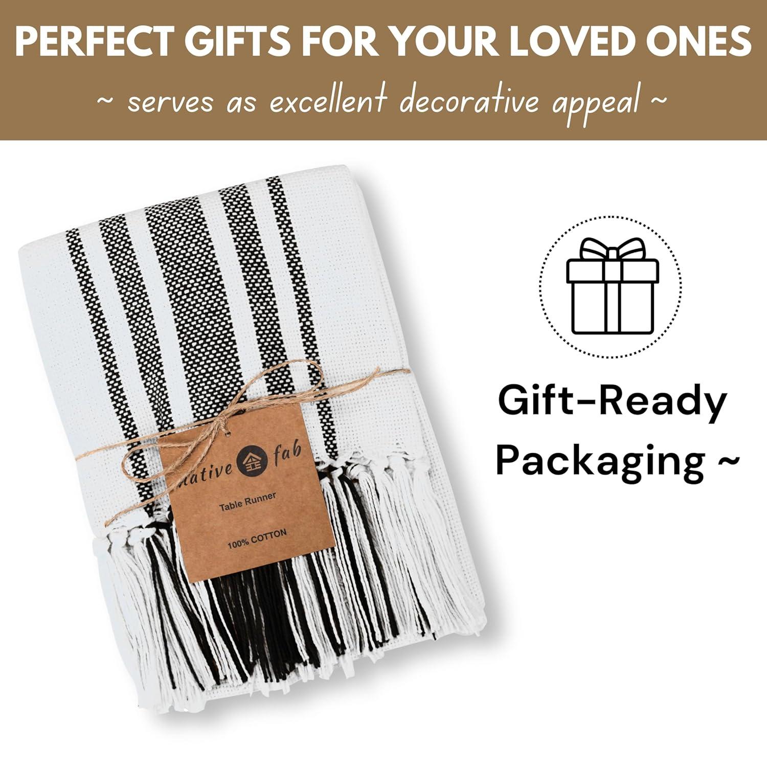 Design Imports  Black Striped Fringe Ribbed Table Runner 14X72