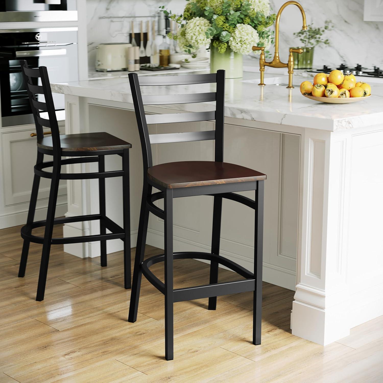 Flash Furniture HERCULES Series Black Ladder Back Metal Restaurant Barstool - Mahogany Wood Seat
