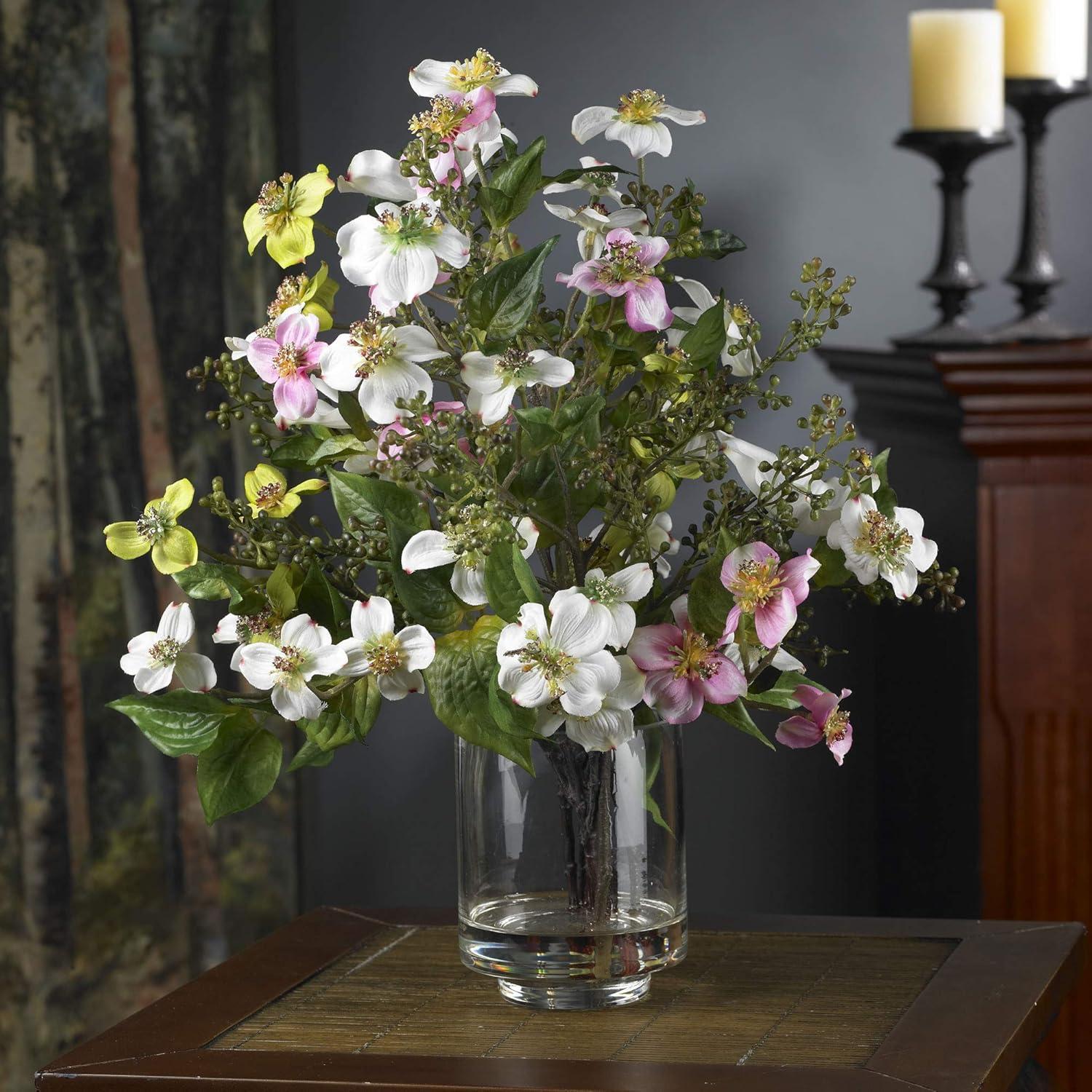 Dogwood Silk Flower Arrangement in Clear Glass Vase