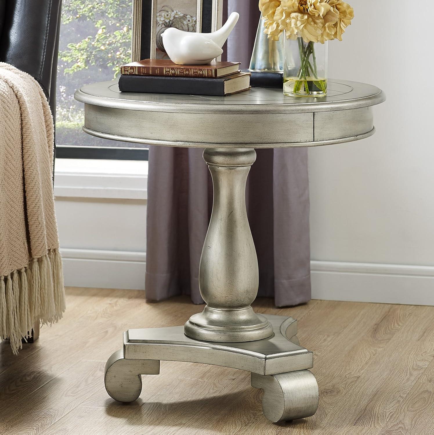 Roundhill Furniture Rene Round Wood Pedestal End Table in Champagne