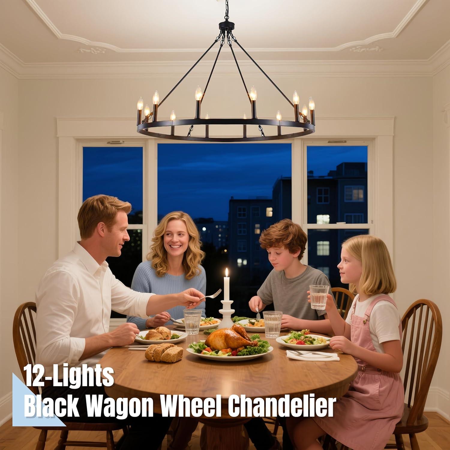 12-Light Black Wagon Wheel Chandelier 38 Inch Dining Room Light Fixture Farmouse Pendant Outdoor Rustic High Ceilings Round Chandeliers for Entryway Living Room Foyer Kitchen Island E12