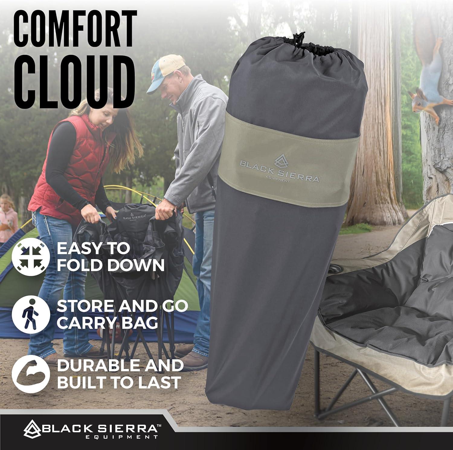 Black Sierra Plush Camping Chair for Sports & Outdoors, Oversize XL Outdoor Folding Chair Supports 400 lbs, Heavy Duty Lounge w/Cup Holders & Carry Bag Perfect for Tailgating, Patio C21