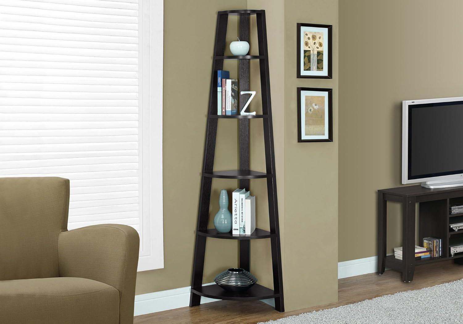 Cappuccino 72" Corner Bookcase with Tray Shelves