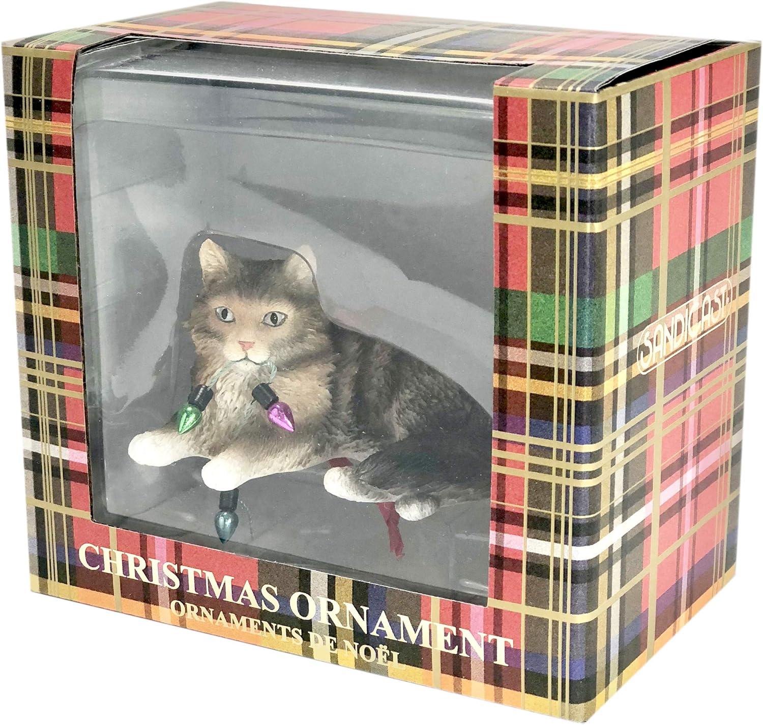 Hand-Painted Brown Tabby Cat Christmas Ornament with Lights