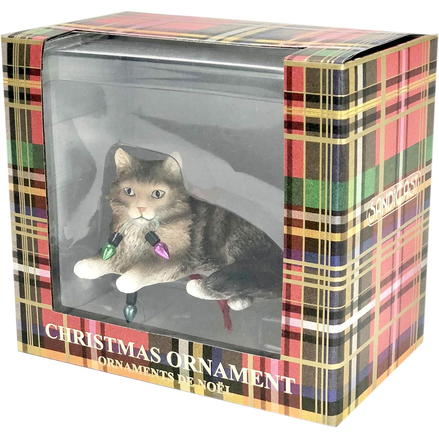 Hand-Painted Brown Tabby Cat Christmas Ornament with Lights