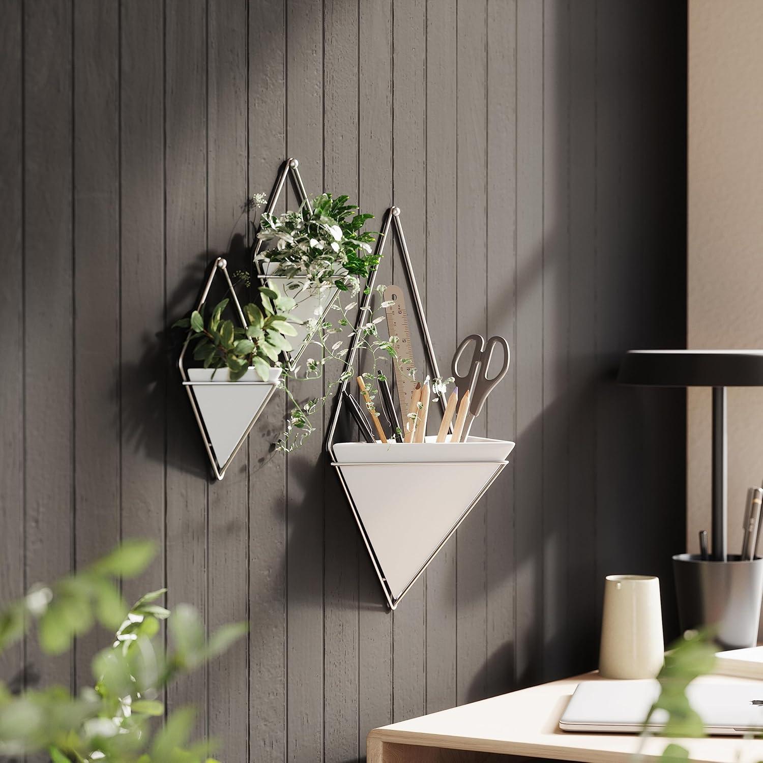 Umbra Trigg Ceramic Hanging Planter Wall Décor Set of 2 White Nickel