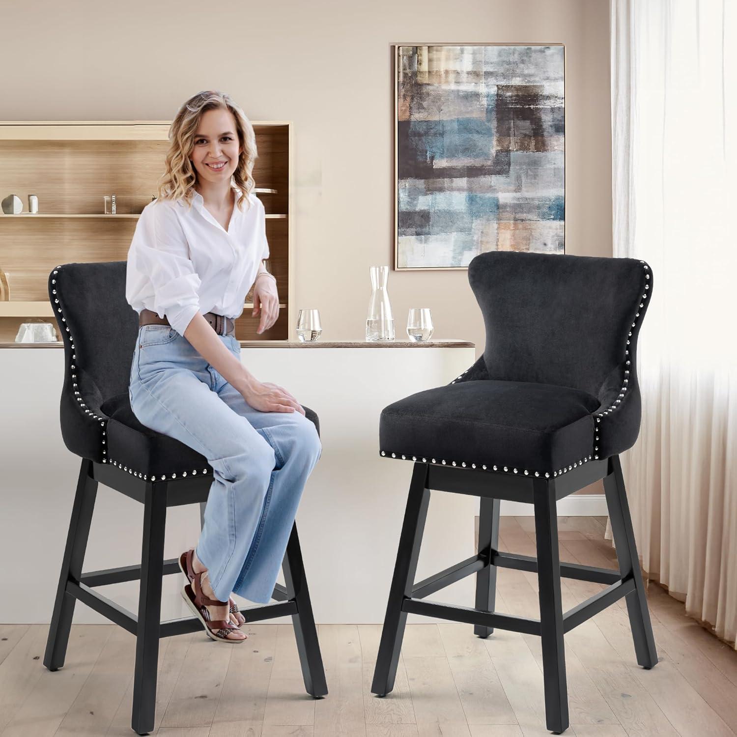 ECOTOUGE Swivel Bar Stools Set of 2, 26" Seat Height Kitchen Stools with Back & Wood Legs, Velvet Upholstered Counter Stools with Pull Ring for Kitchen Island, Dining Room, Pub & Cafe, Black