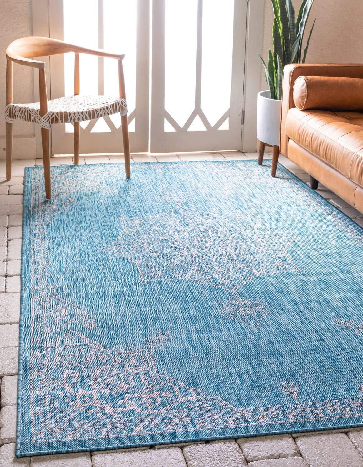 Aqua Blue Rectangular Synthetic Outdoor Area Rug