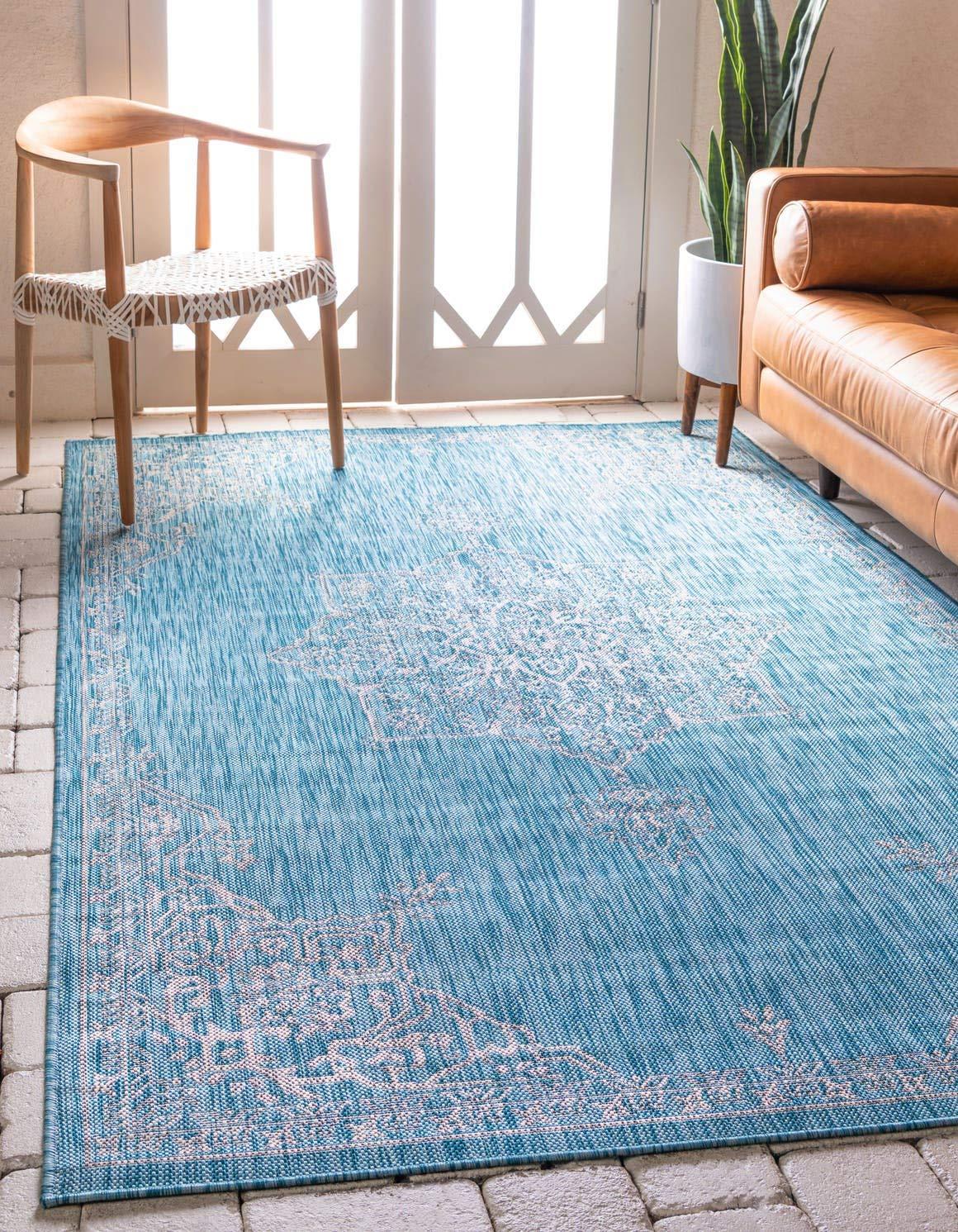 Unique Loom 7' 0 x 10' 0 Rectangle Indoor/Outdoor Traditional Light Aqua Area Rug