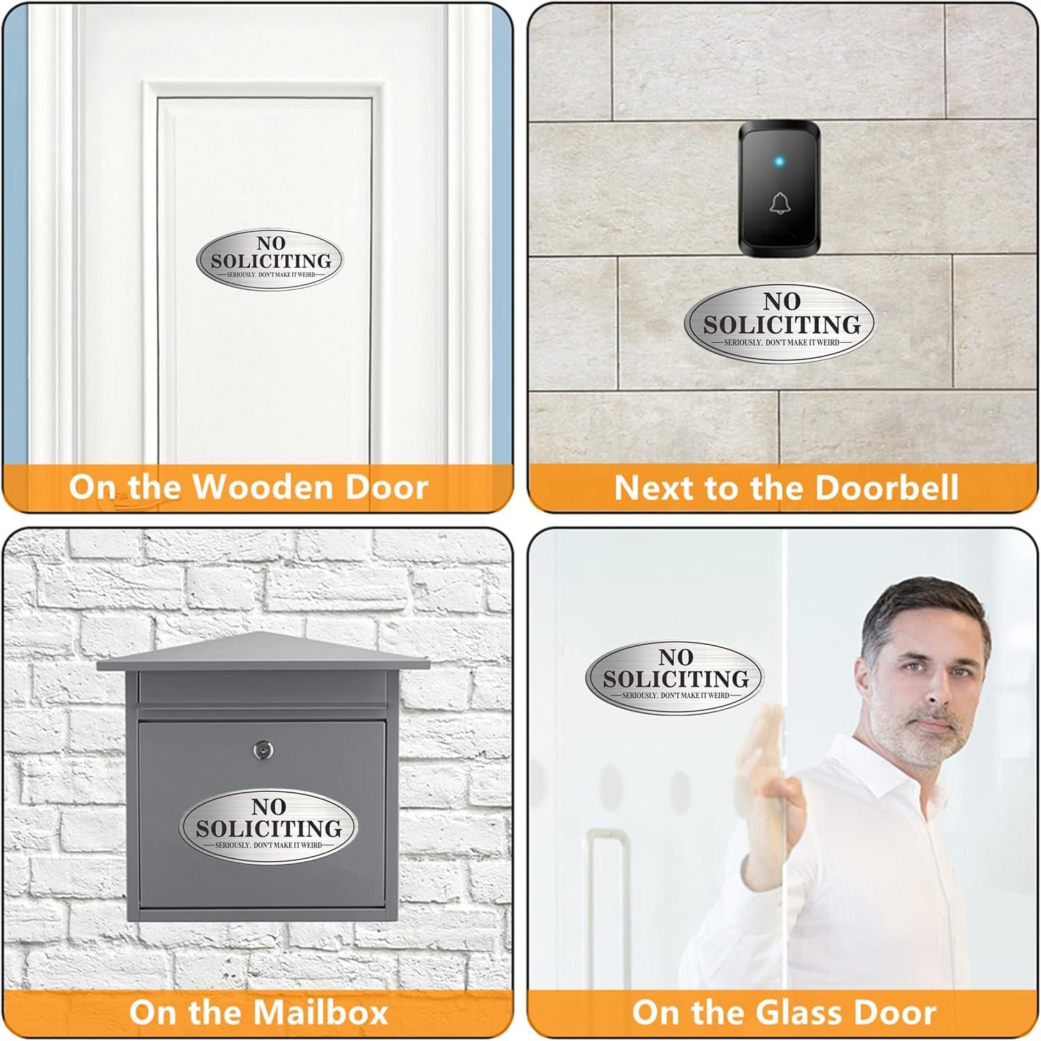 No Soliciting Sign, No Solicitors Sign for Front Door, 2 Pack Self-Adhesive Aluminum Metal No Solitation Do Not Knock or Ring Bell Sign, 7.0 x 3.0 inches Weather Resistant Signs for Home Doorbell Busi