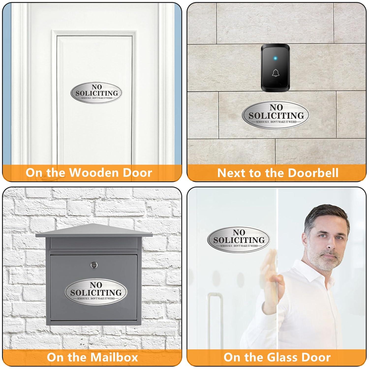 No Soliciting Sign For Front Door, (2 Pack) Self-Adhesive 7 x 3 Inches Seriously Don't Make it Weird Aluminum Metal Signs