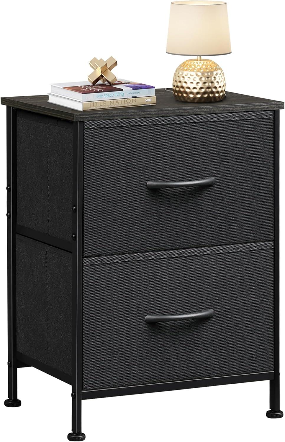 Black Fabric 2-Drawer Nightstand with Steel Frame