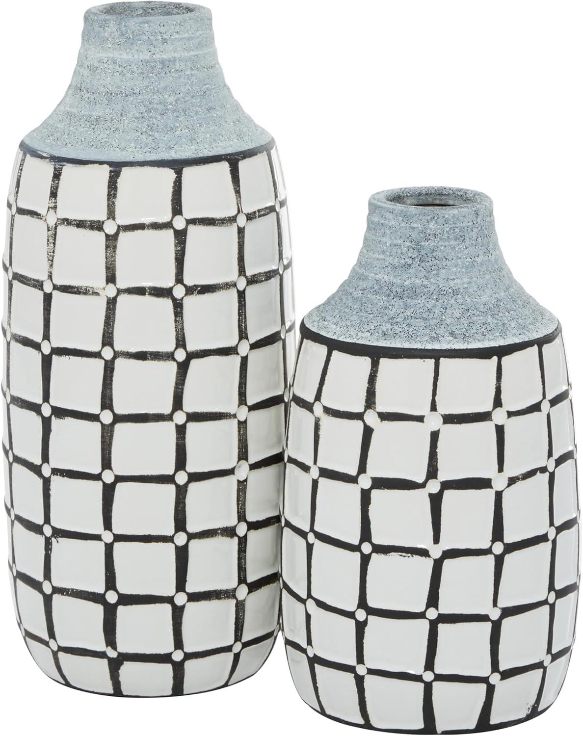 DecMode 11", 9"H Handmade White Ceramic Vase with Grid Pattern, Set of 2