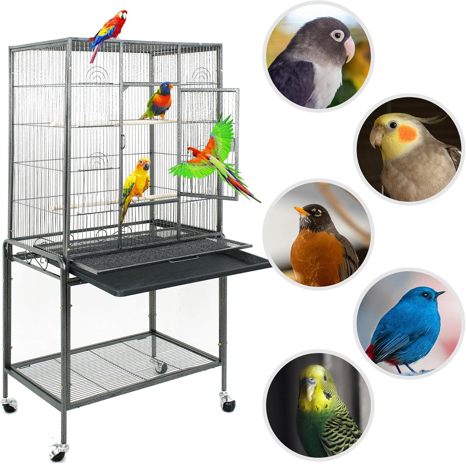 SUPER DEAL 53-Inch Rolling Bird Cage Large Wrought Iron Cage for Cockatiel Sun Conure Parakeet Finch Budgie Lovebird Canary Medium Pet House with Rolling Stand & Storage Shelf