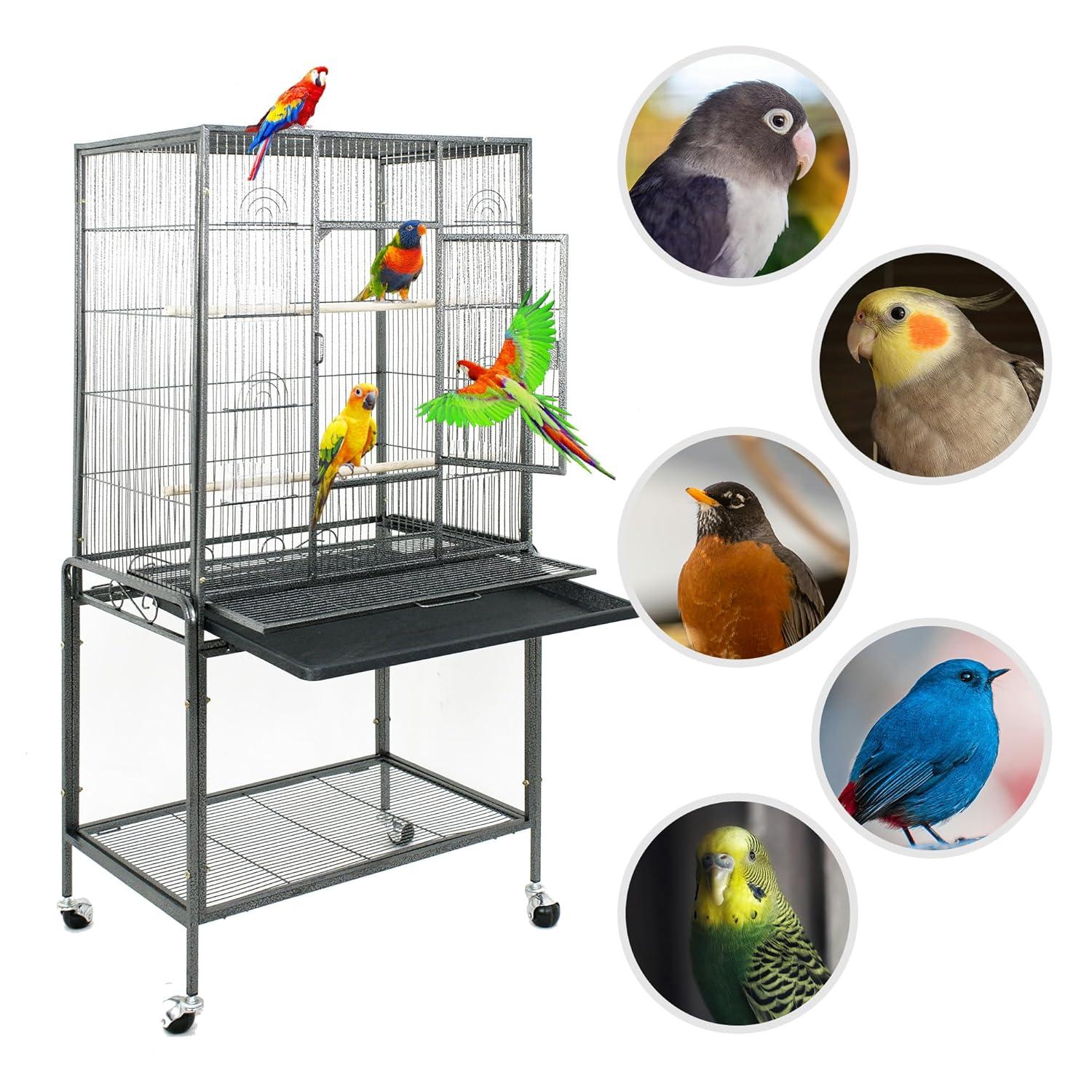 SUPER DEAL 53-Inch Rolling Bird Cage Large Wrought Iron Cage for Cockatiel Sun Conure Parakeet Finch Budgie Lovebird Canary Medium Pet House with Rolling Stand & Storage Shelf