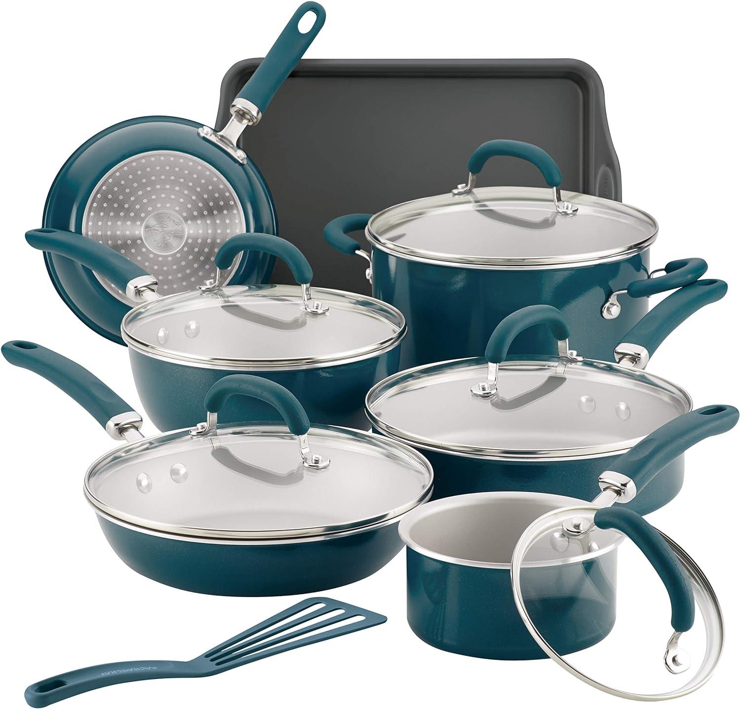 Rachael Ray Create Delicious Aluminum Nonstick Cookware Set, 13-Piece, Teal Shimmer