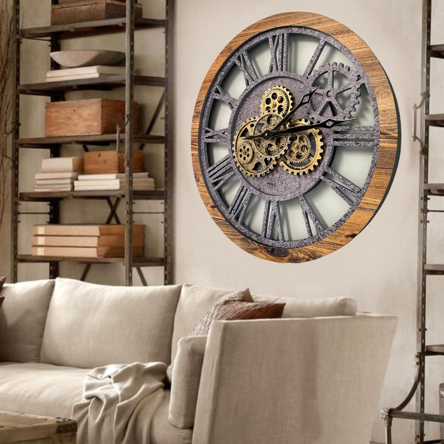 Wall Clock 24" Round Oversized for Living Room decor with Real Moving Gears America Collection