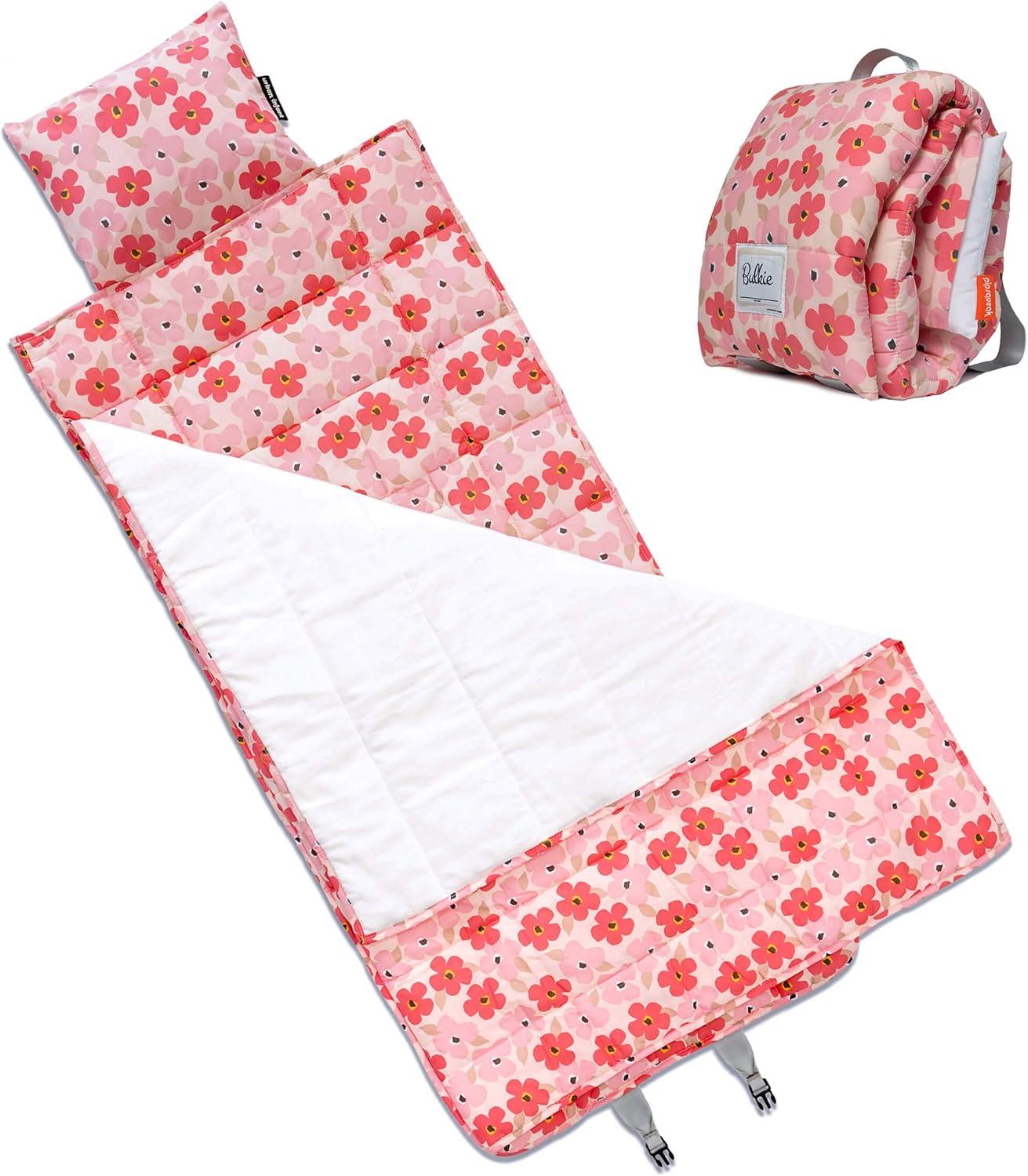 Urban Infant Bulkie Kids Super Sleepover Nap Mat Home Hangout - Toddler Preschool and Daycare - Washable Blanket and Pillow - Converts to Backpack for Travel - Poppies