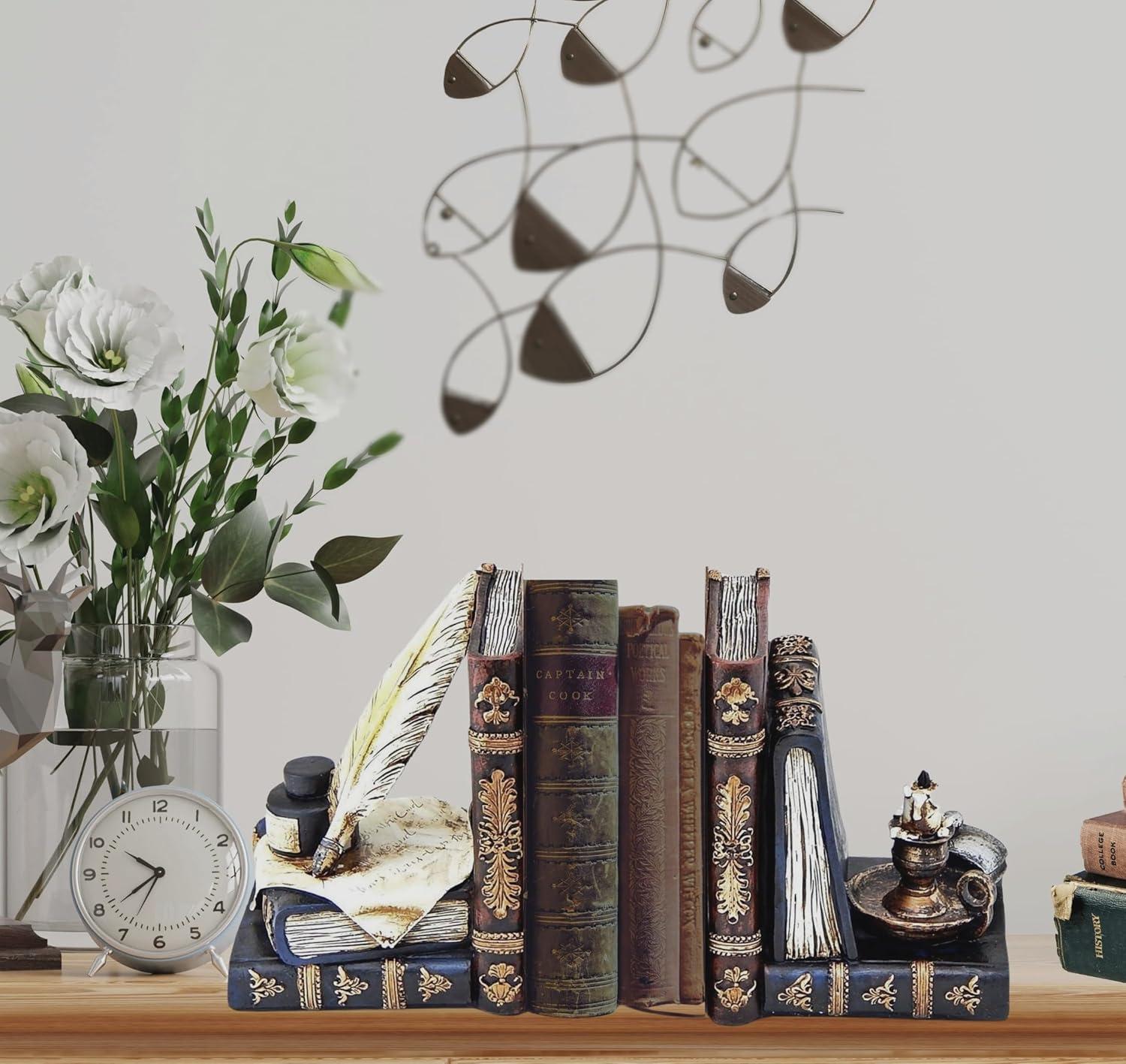 Bellaa 26324 Vintage Bookends Wizard Feather Quill Pen and Ink Bottle with Oil Lamp Antique Style Farmhouse Cottage Lodge Magic Home Decor