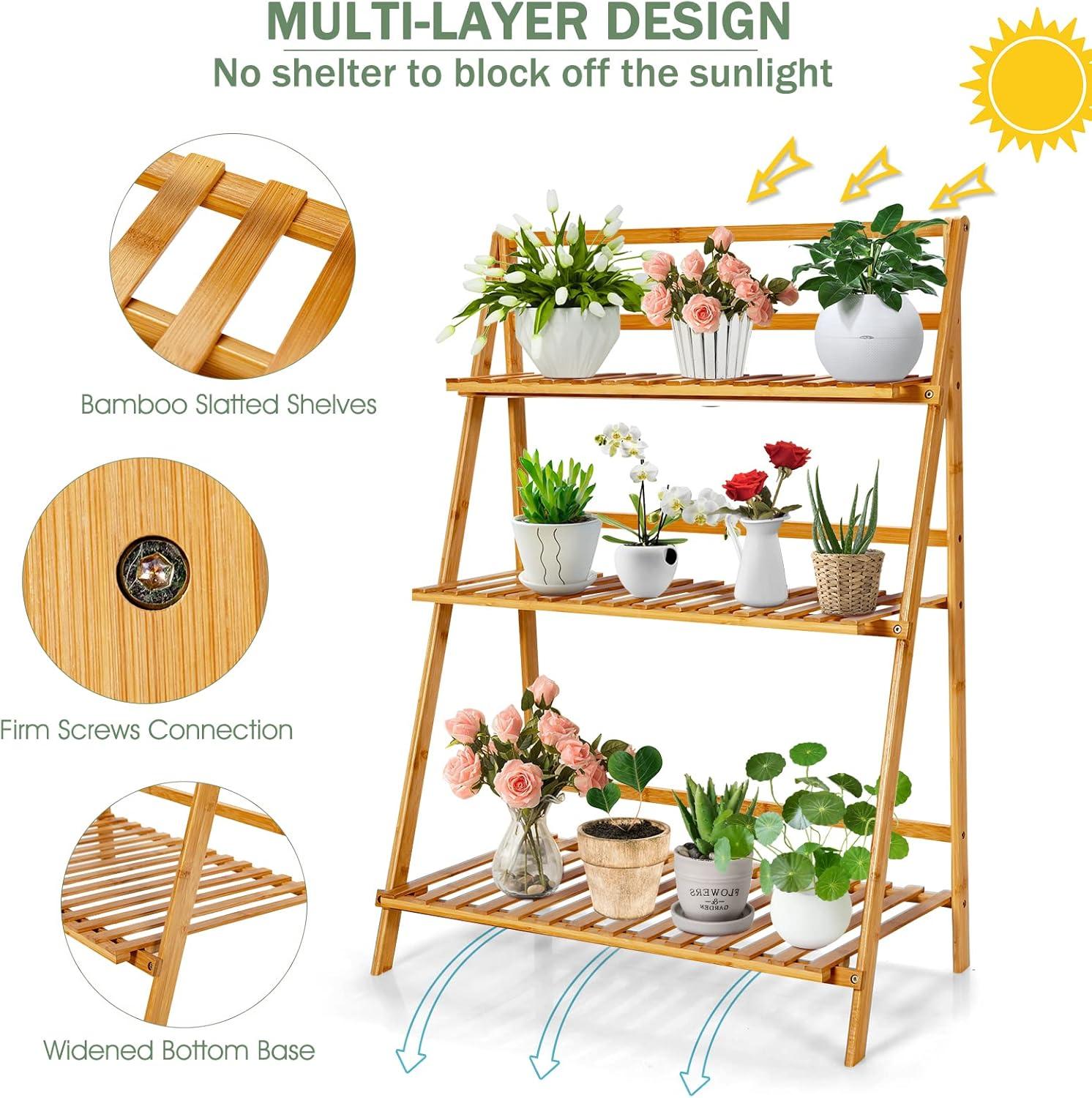 Costway Bamboo Ladder Plant Stand 3-Tier Foldable Flower Pot Display Shelf Rack Natural