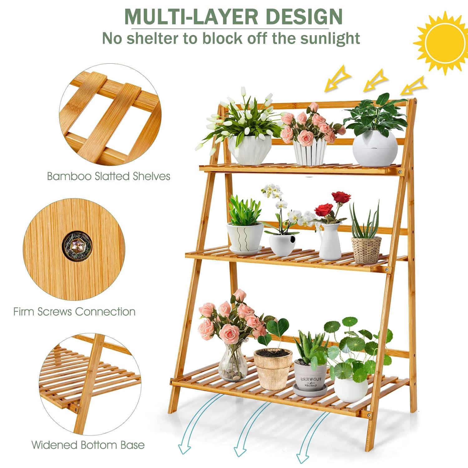 Costway Bamboo Ladder Plant Stand 3-Tier Foldable Flower Pot Display Shelf Rack Natural
