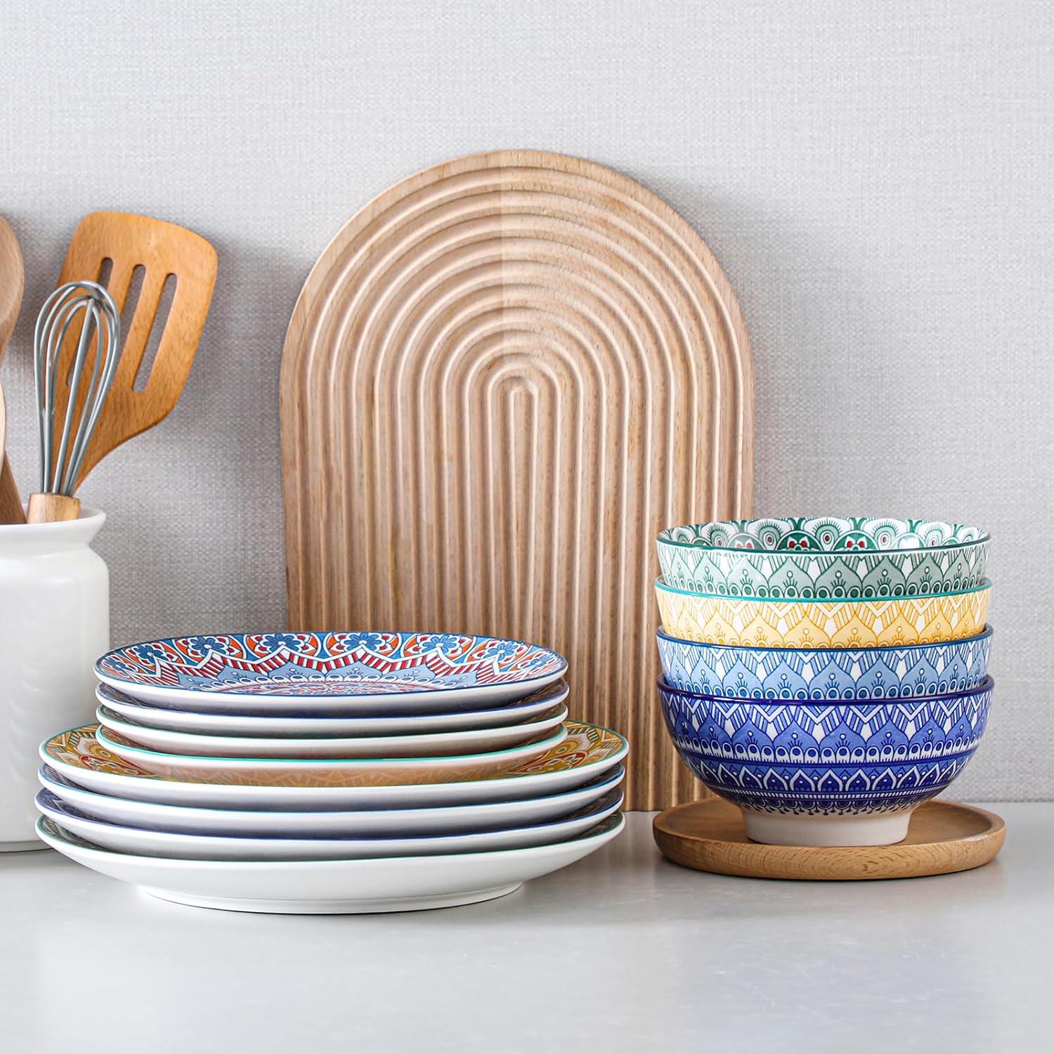 vancasso Mandala 12 Pieces Dinnerware Sets, Porcelain Dinner Set for 4, Boho Plates and Bowls Set, Colorful Dish Sets