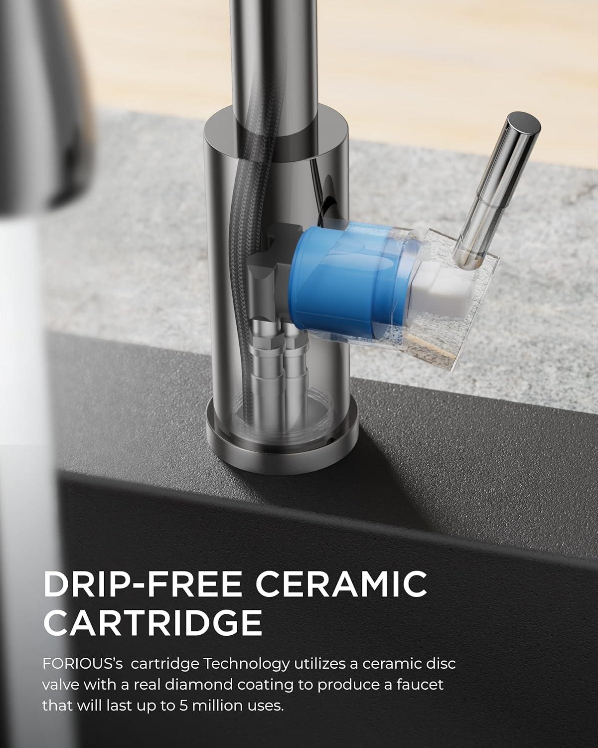 FORIOUS Kitchen Faucet with Pull Down Sprayer, Brushed Nickel, Bar High Arc Single Handle Traditional 3 Modes Stainless Steel Faucet for Kitchen Sink Farmhouse RV Laundry Camper