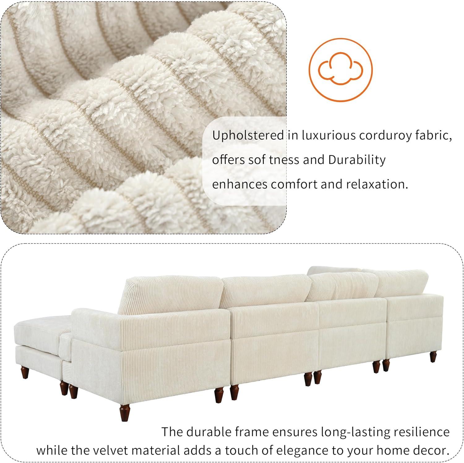 LUMISOL Large Corduroy Fabric Sofa Couch with Ottoman for Living Room, L Shaped Sectional Sofa Couch, 98" L Modular Corner Sectional Sofa for Spacious Space Office, Beige