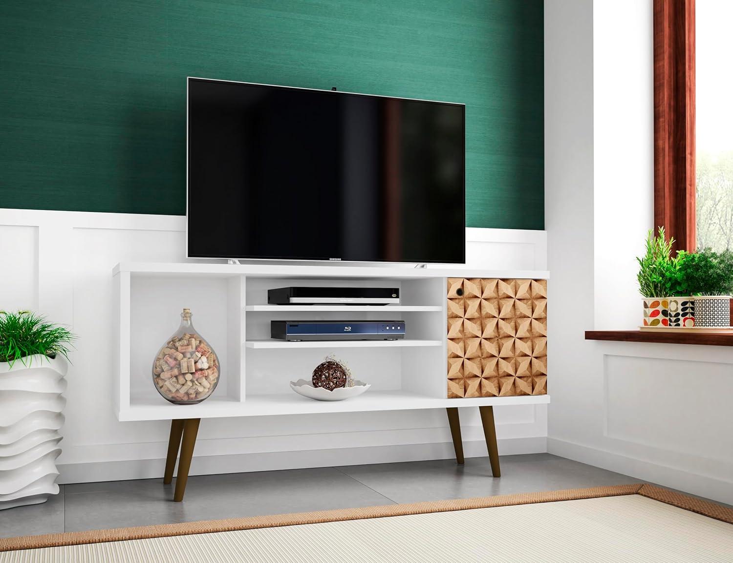 Liberty 53.14" Mid-Century Modern TV Stand with 5 Shelves and 1 Door  with Solid Wood Legs