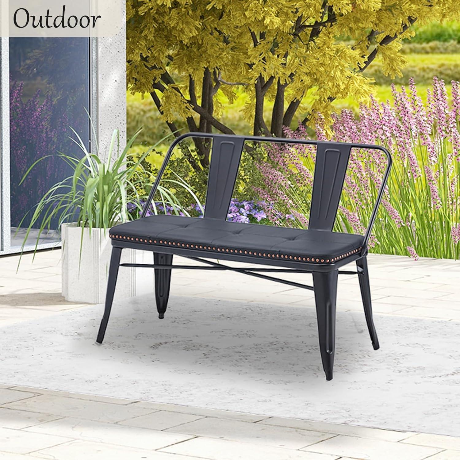 YOLENY Dining Bench, Entryway Bench with Back, Farmhouse Metal Dining Bench, Industrial Mid-Century 3 Person Rustic Spindle Bench, with Leather Seat, Removable Backrest, 42in, Black