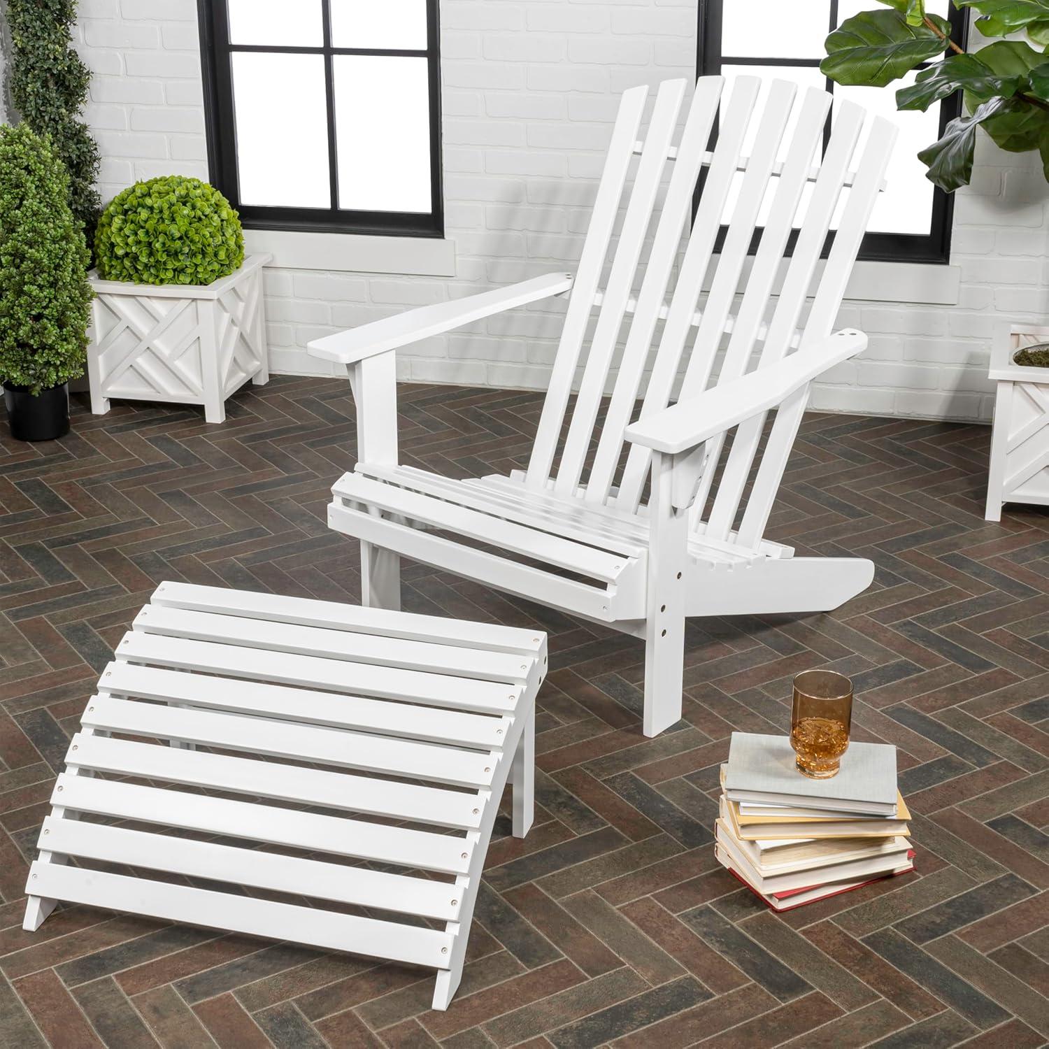 Saranac 2-Piece Traditional Rustic Acacia Wood Adirondack Chair with Detachable Ottoman, White - JONATHAN Y