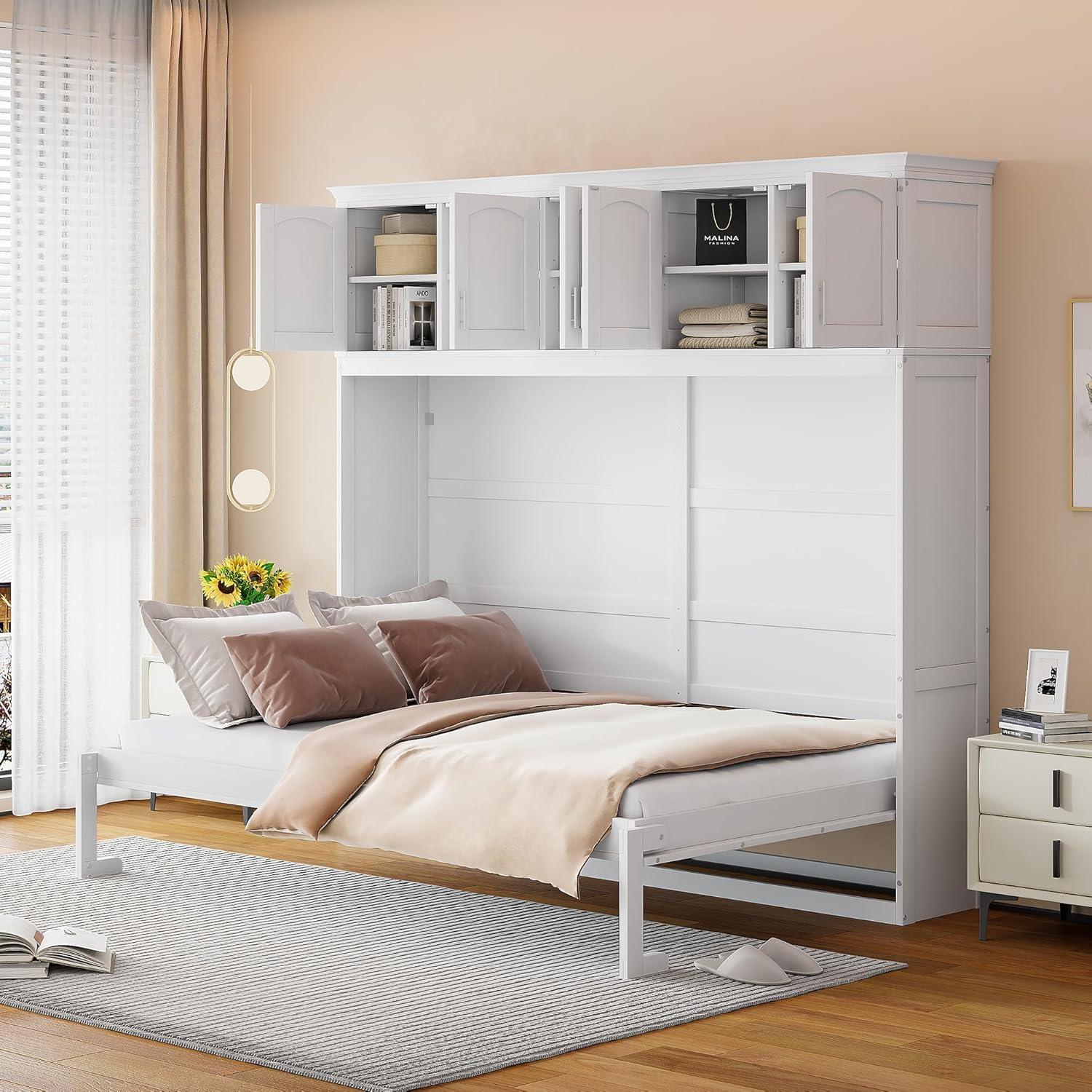 White Queen Size Murphy Bed with Storage Cabinets and Slats