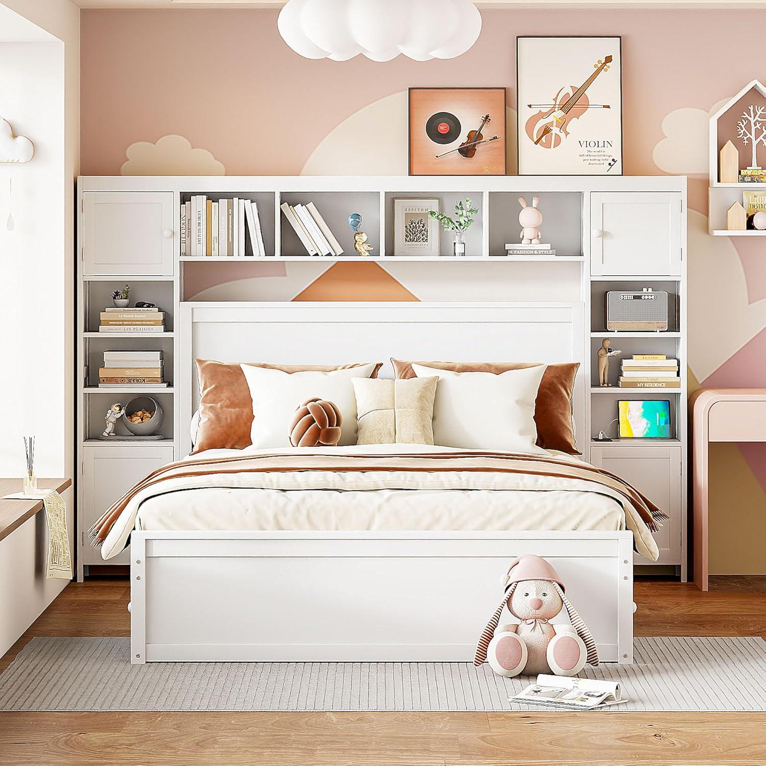 Merax Queen Size Platform Bed with 4 Drawers, Wooden Queen Bed with All-in-One Cabinet, Shelf and Sockets, White