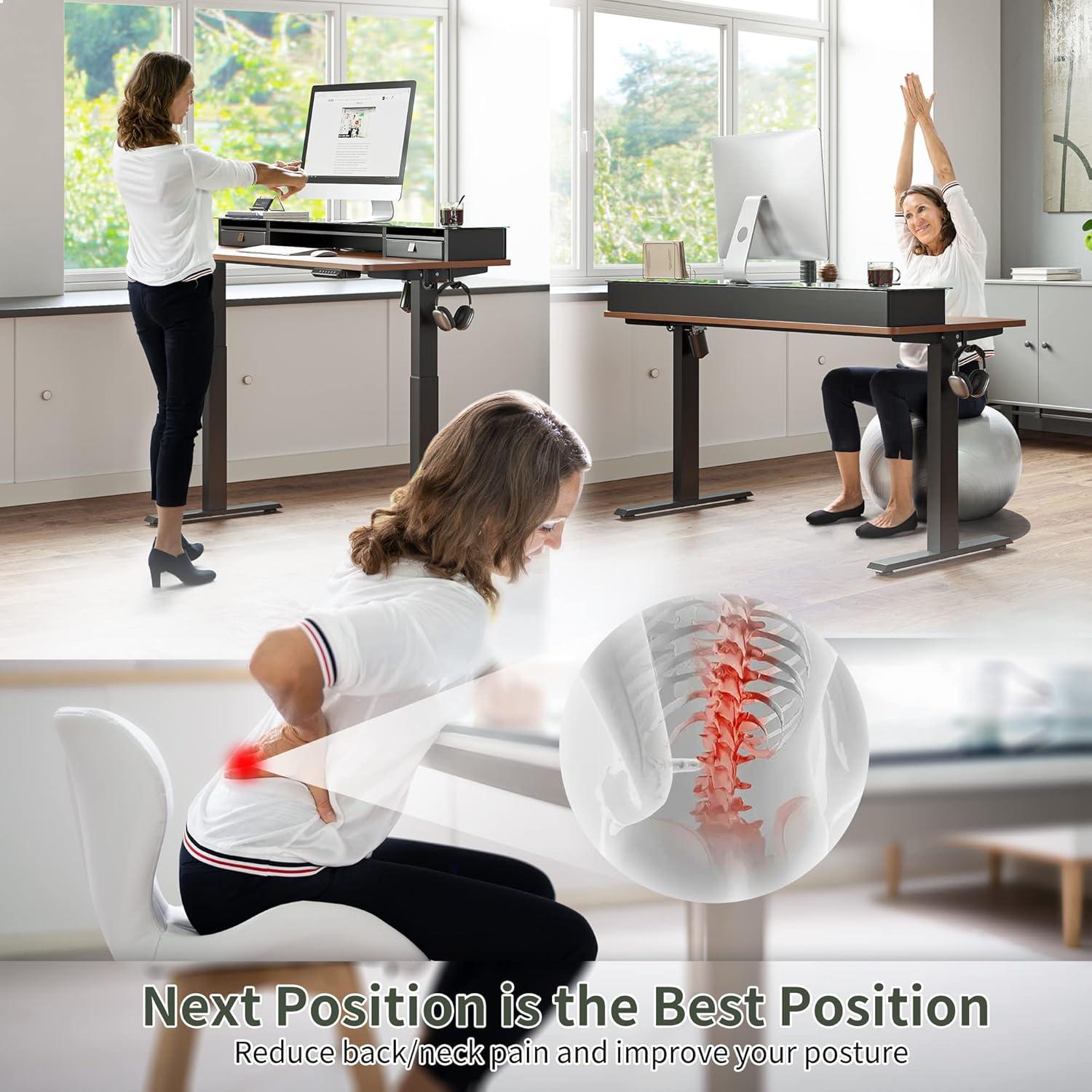 FEZIBO 55 x 24 Inch Height Adjustable Electric Standing Desk with Double Drawer, Sit Stand Desk, Black Walnut