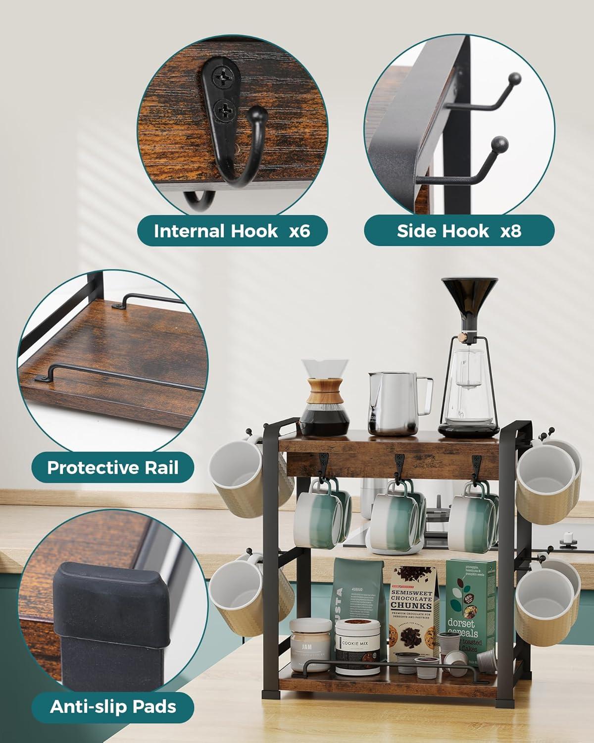 17 Stories Coffee Bar Organizer With 14 Mug Hooks, Wood Coffee Mug Holder Stand For Countertop, 2 Tier Coffee Station Organizer For Coffee Cups, Mugs, Syrups, Accessories