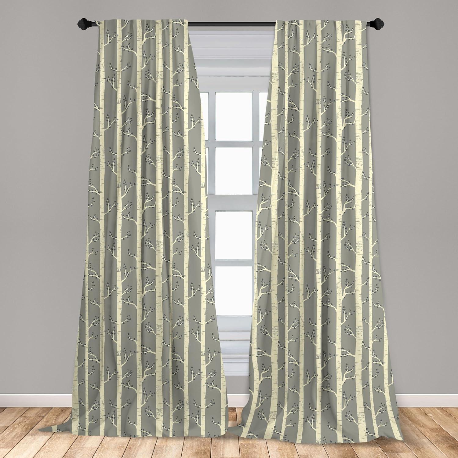 Ambesonne Birch Curtains, Trees Nature Boho Composition, Pair of 28"x95", Pale Yellow and Warm Taupe