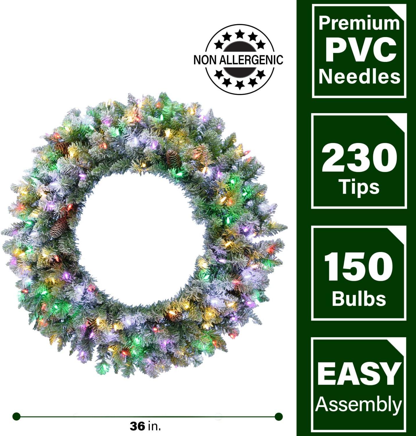 36" Frosted Pine Wreath with Pinecones and LED Lights