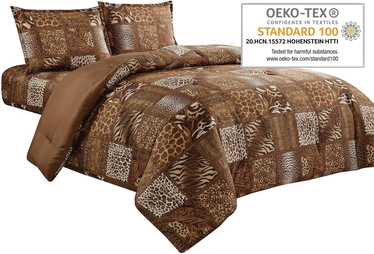 WPM 2 Piece Animal Print Comforter with Pillow Sham, Chocolate Brown Leopard Zebra Giraffe Jungle Forest Theme Design Twin Size Bedding set- Safari