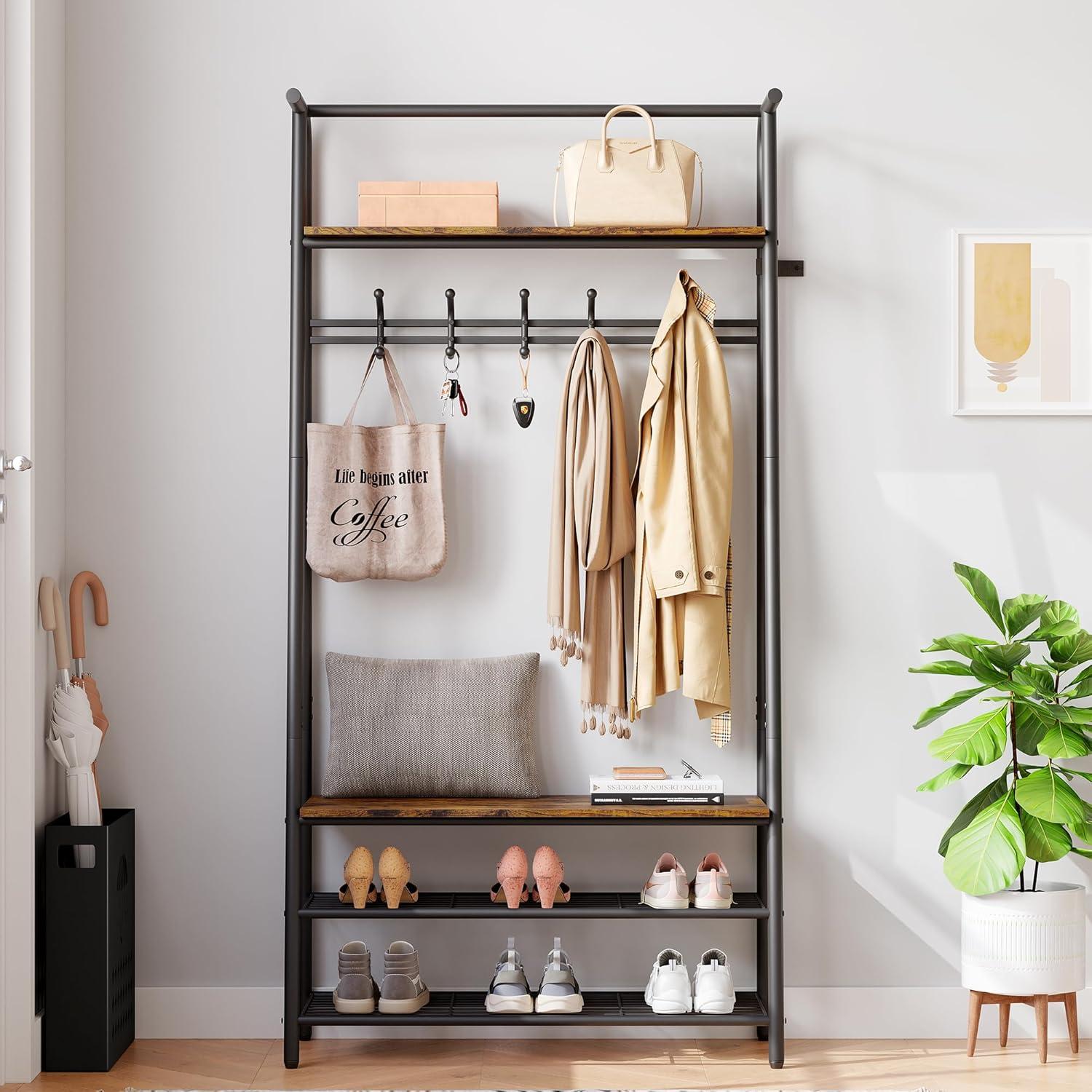 GAOMON Coat Rack Shoe Bench, 4-in-1 Hall Trees Entryway Bench with Coat Rack and Shoe Rack, Wood Look Accent Furniture with Steel Frame Storage Shelf and Hanging Bar, Industrial, Rustic Brown & Black