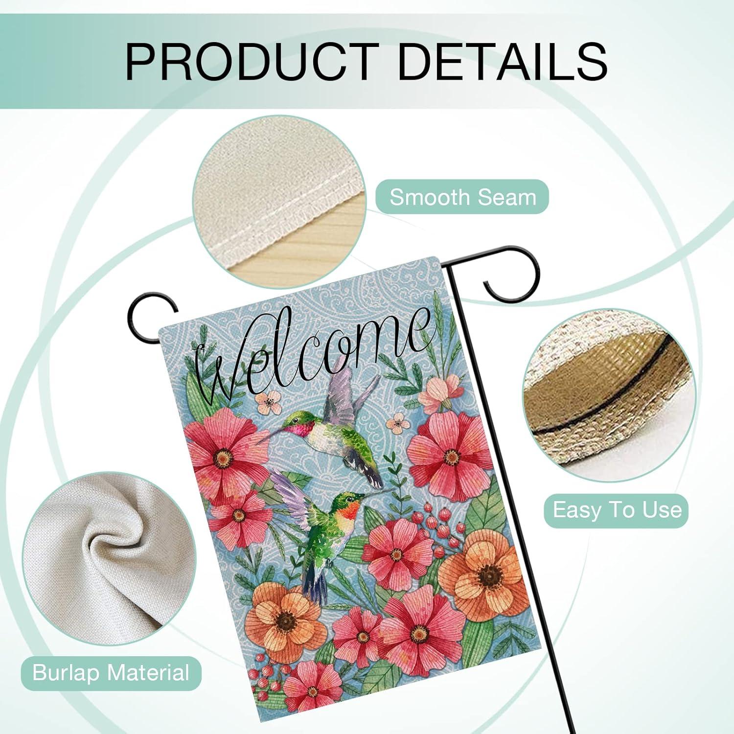 Jbralid Welcome Spring Garden Flag Hummingbird, Decorative House Yard Lawn Outdoor Small Burlap Bird Flag Flower Decor, Vintage Summer Farmhouse Seasonal Outside Decorations Double Sided 12 x 18