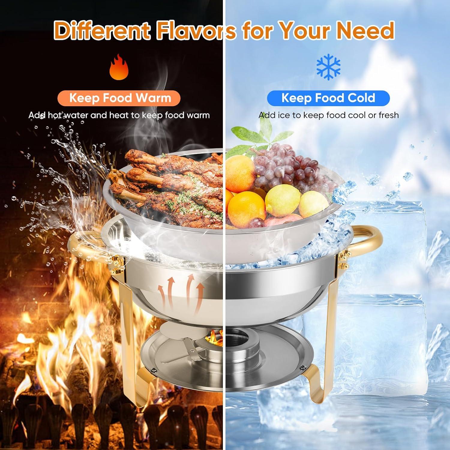 WhizMax Chafing Dish Buffet Set 2 Pack 5QT, Stainless Steel Round Chafing Dishes for Buffet with Lid Holder & Glass Lid, Gold