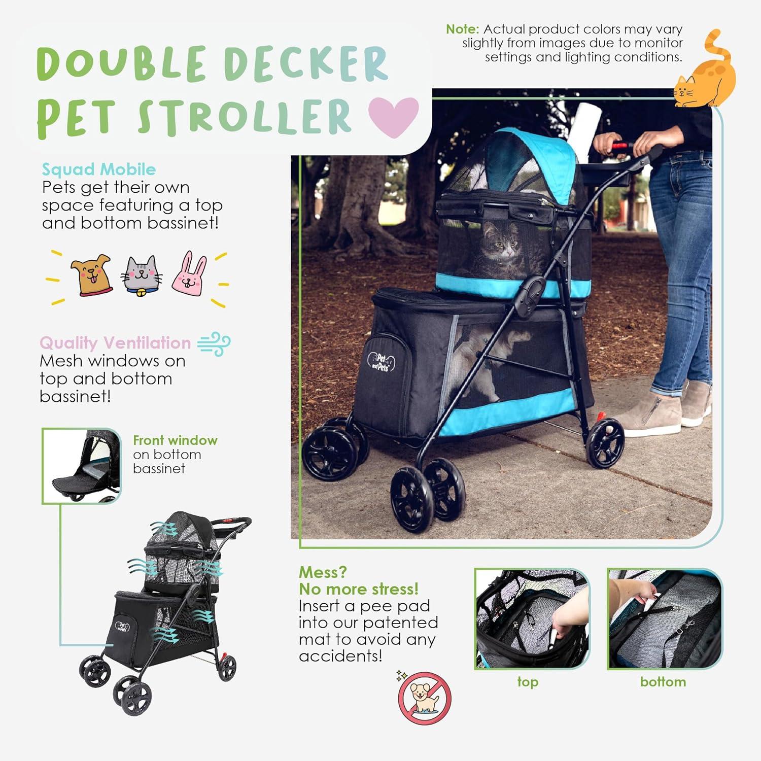 Teal Double Decker Pet Stroller with Mesh Windows