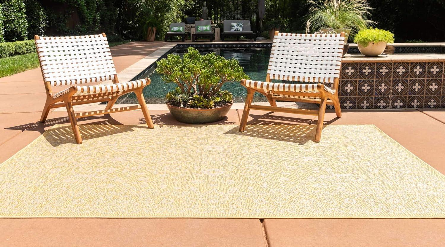 Navy Blue Botanical Easy-Care Outdoor Rectangular Rug